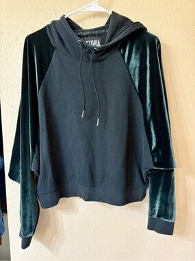 Victoria's Secret Sport Black Hoodie with Dark Emerald Green Velvet Panels